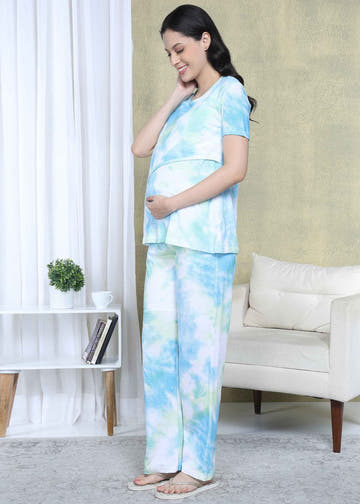 Green & Blue Tie-Dye Maternity and Feeding Night Suit