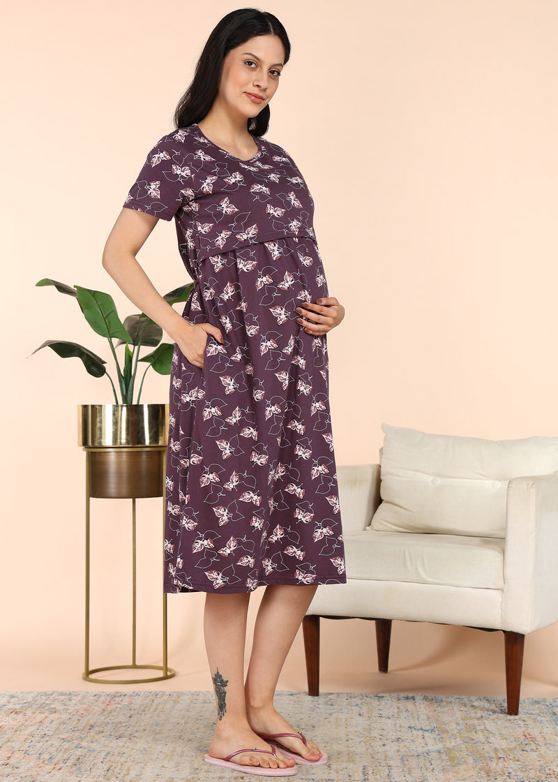 Plum Petals Cross-neck Maternity Loungewear Dress