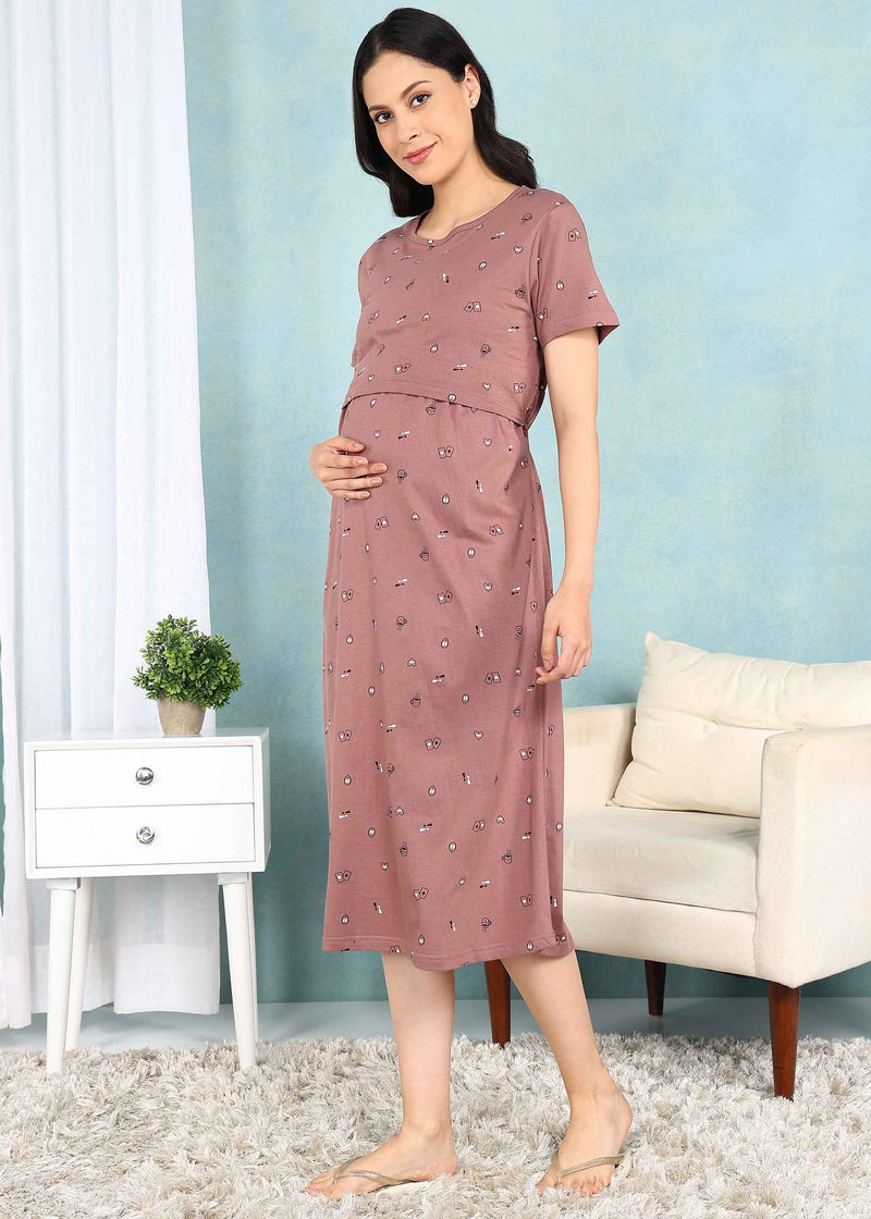 Coffee and Cards Brown Cross-neck Maternity Loungewear Dress
