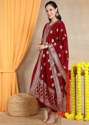Marroon Festive Straight Feeding Kurta Set with Dupatta