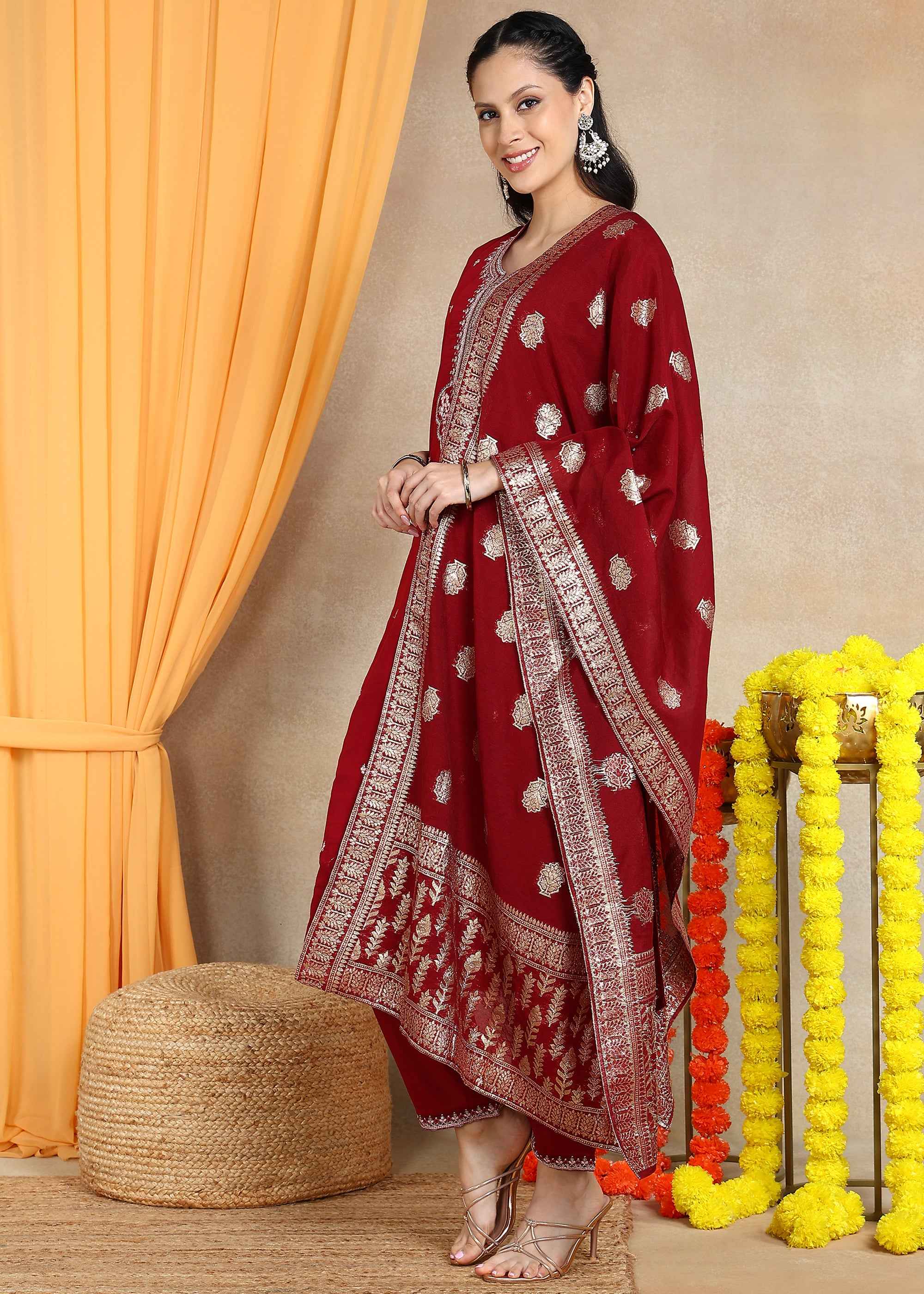 Marroon Festive Straight Feeding Kurta Set with Dupatta
