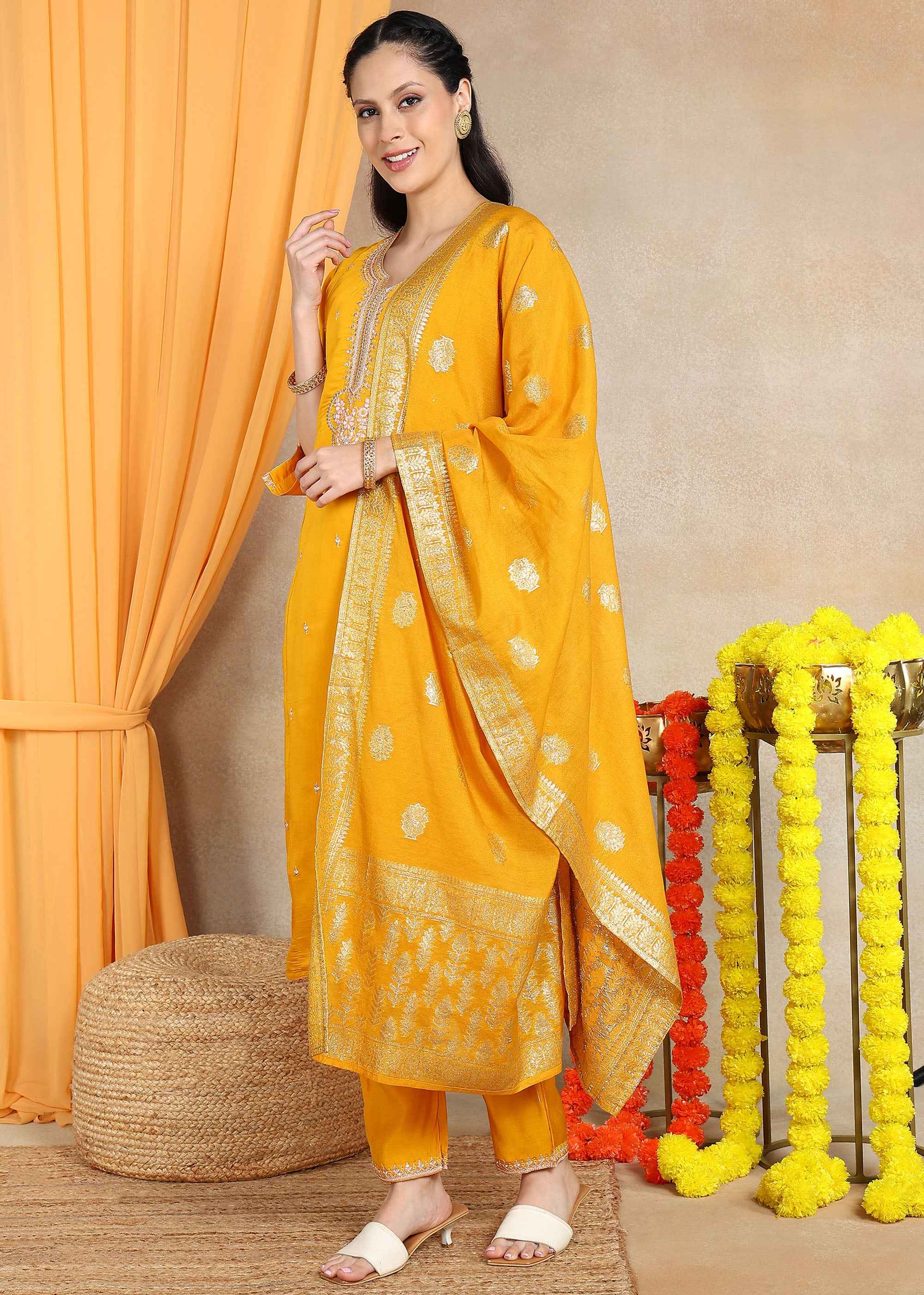 Yellow Festive Straight Feeding Kurta Set with Dupatta