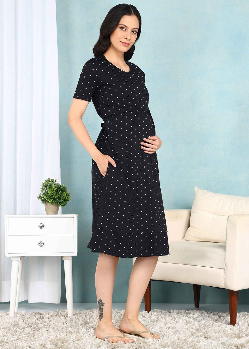 Black Polka Cross-neck Maternity Loungewear Dress