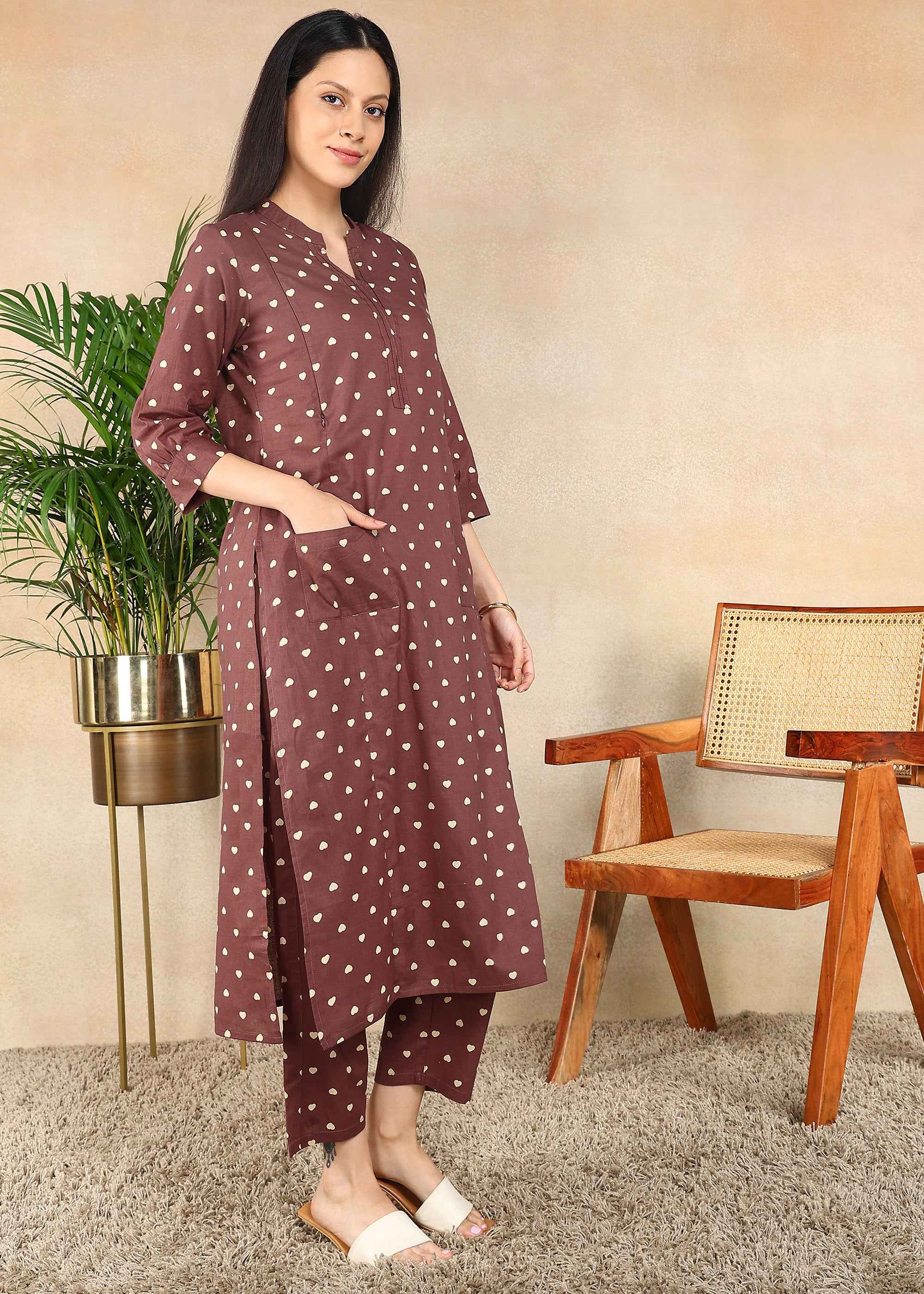 Small Hearts Brown Straight Feeding Kurta Set