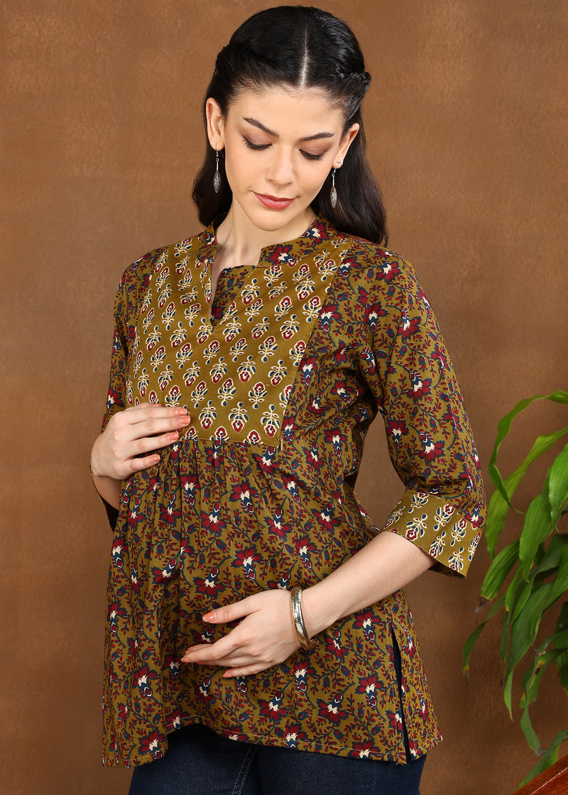Olive Floral Pure Cotton Maternity and Feeding Top