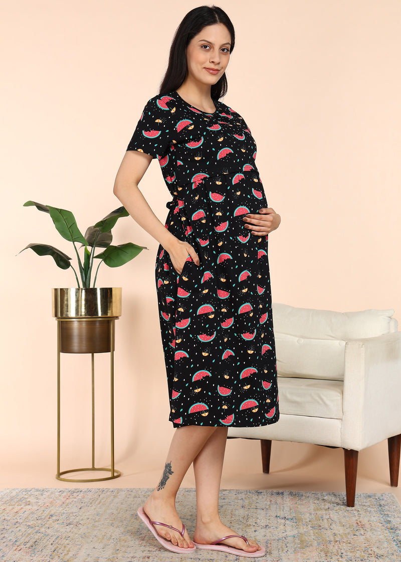 Watermelon splash Cross-neck Maternity Loungewear Dress