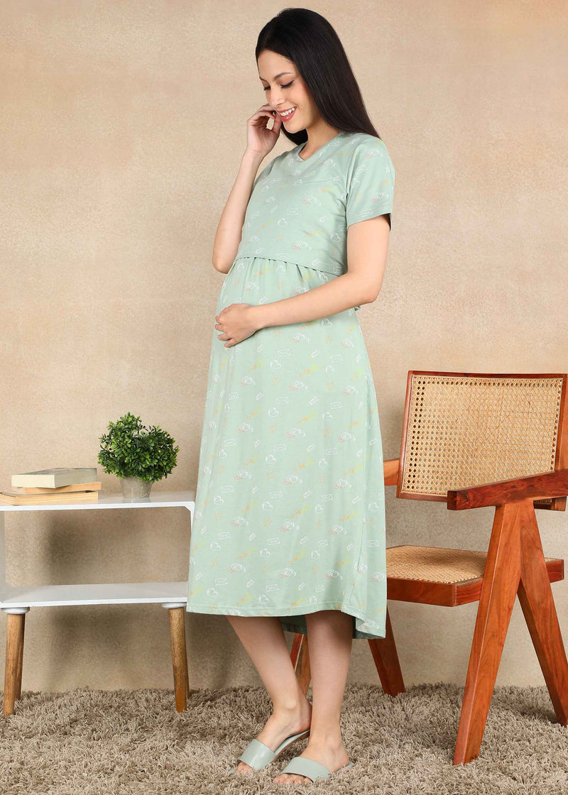 Pastel Teal Cross-neck Maternity Loungewear Dress