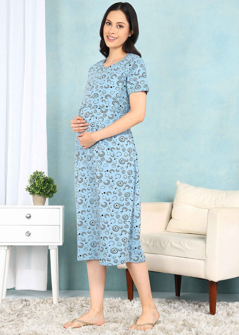 Dots & Swirls Blue Cross-neck Maternity Loungewear Dress