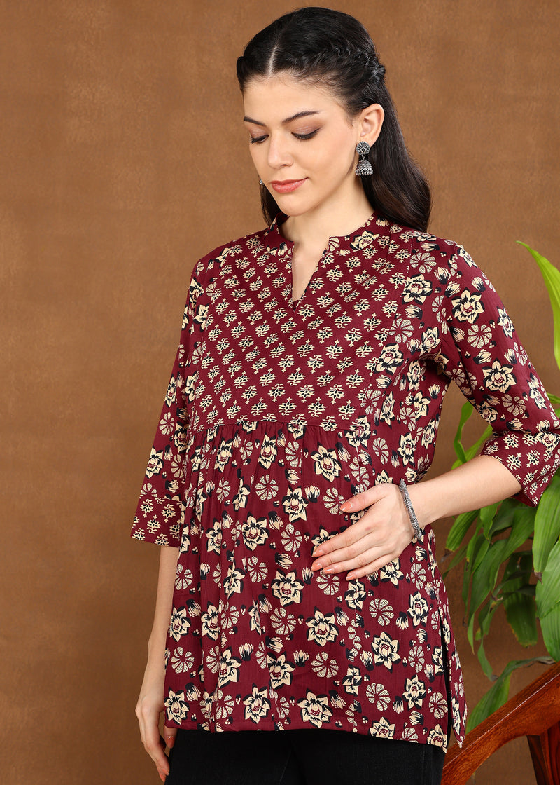 Maroon Floral Pure Cotton Maternity and Feeding Top