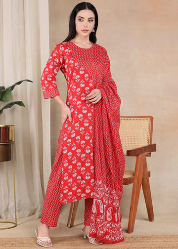 Red Pure Cotton Straight Feeding Kurta Set with Dupatta