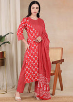 Red Pure Cotton Straight Feeding Kurta Set with Dupatta