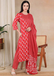 Red Pure Cotton Straight Feeding Kurta Set with Dupatta
