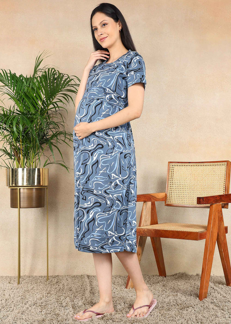 Blue Ocean Drift Cross-neck Maternity Loungewear Dress