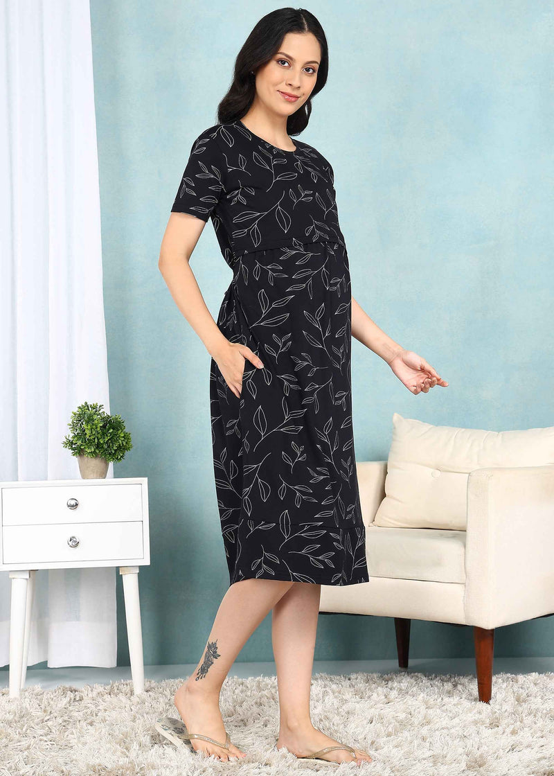 Black Leaf Cross-neck Maternity Loungewear Dress