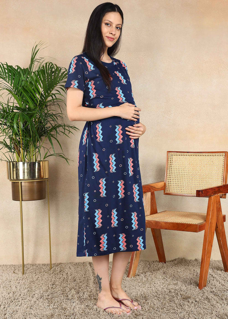 Navy Zig and Chill Cross-neck Maternity Loungewear Dress
