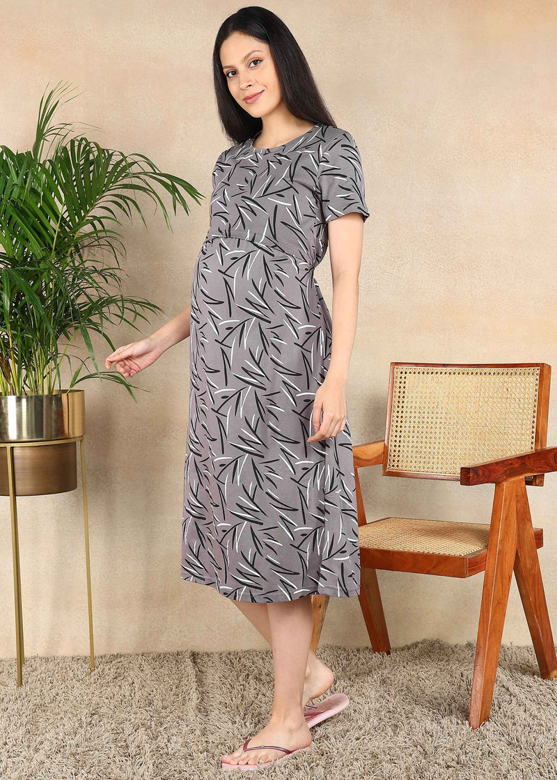 Grey Smoky Strokes Cross-neck Maternity Loungewear Dress