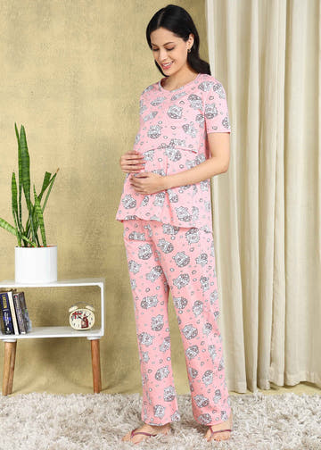 Popcorn Pink Maternity and Feeding Night Suit