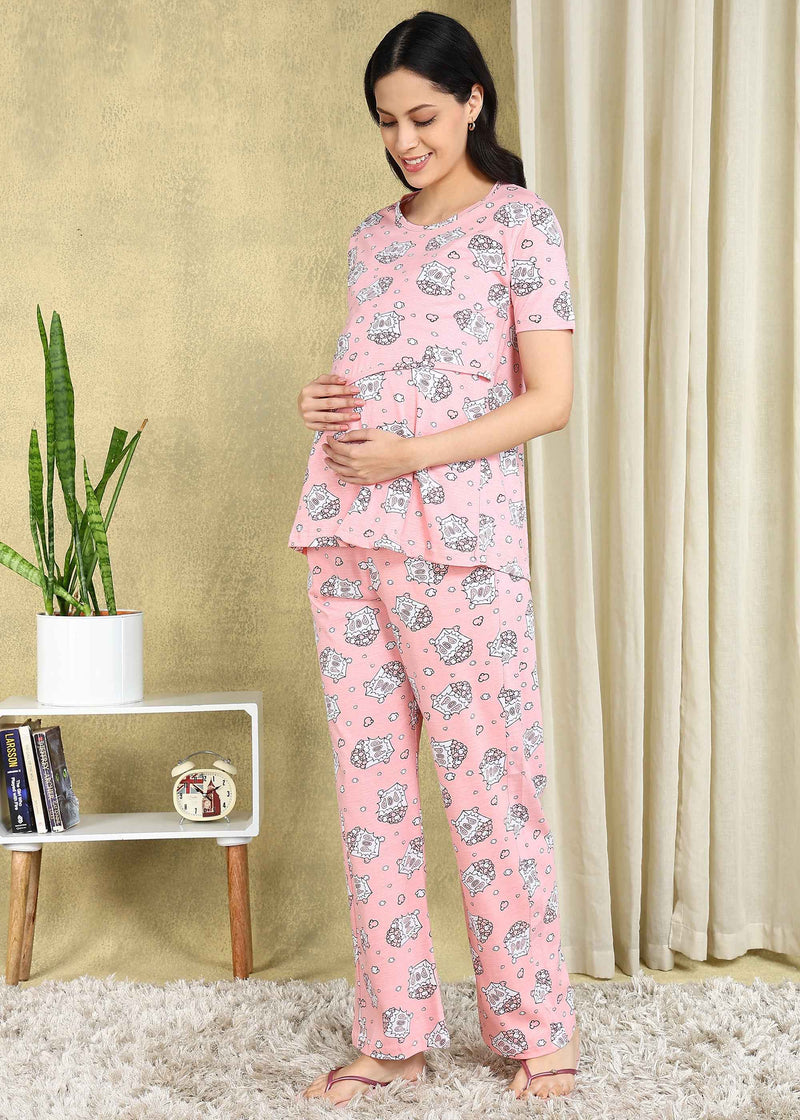 Popcorn Pink Maternity and Feeding Night Suit