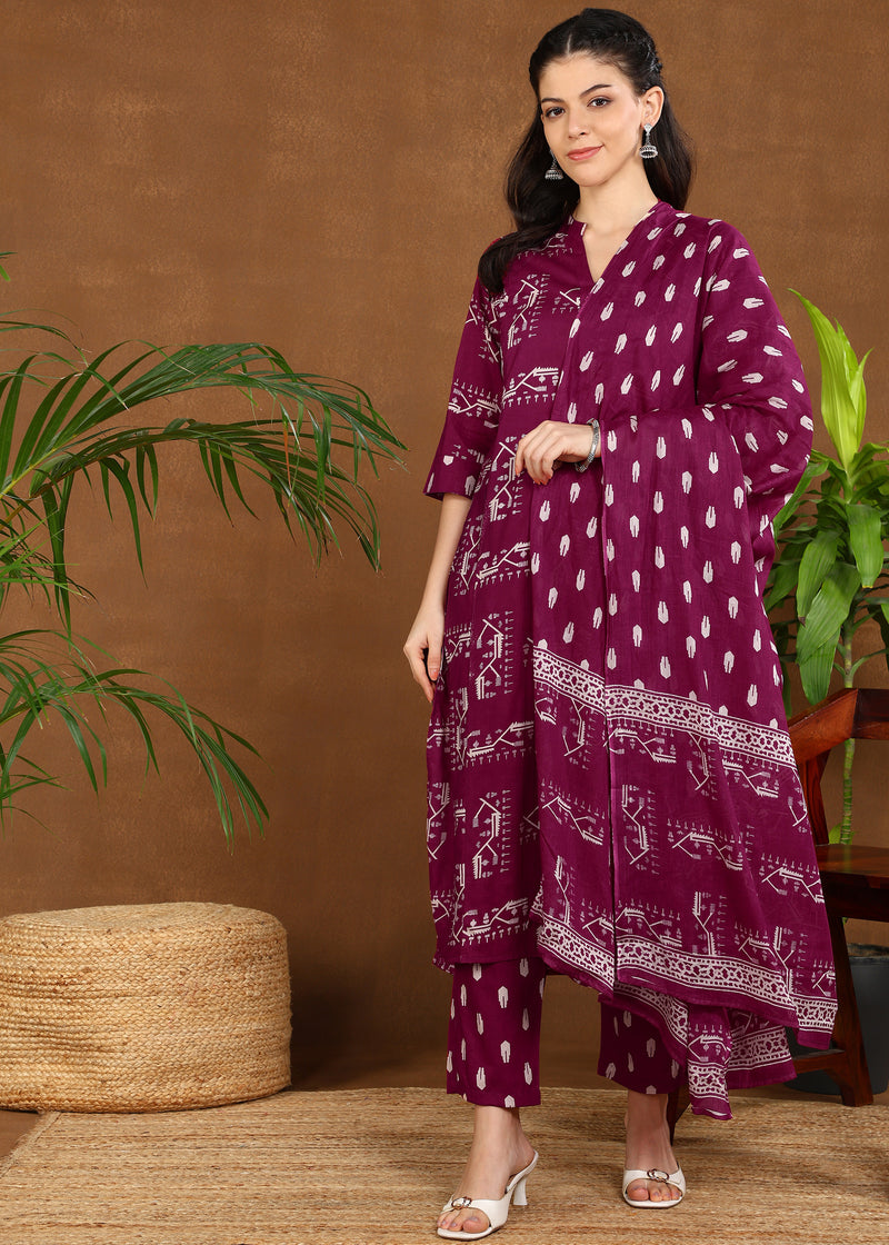 Wine Abstract Cotton Straight Feeding Kurta Set with Dupatta