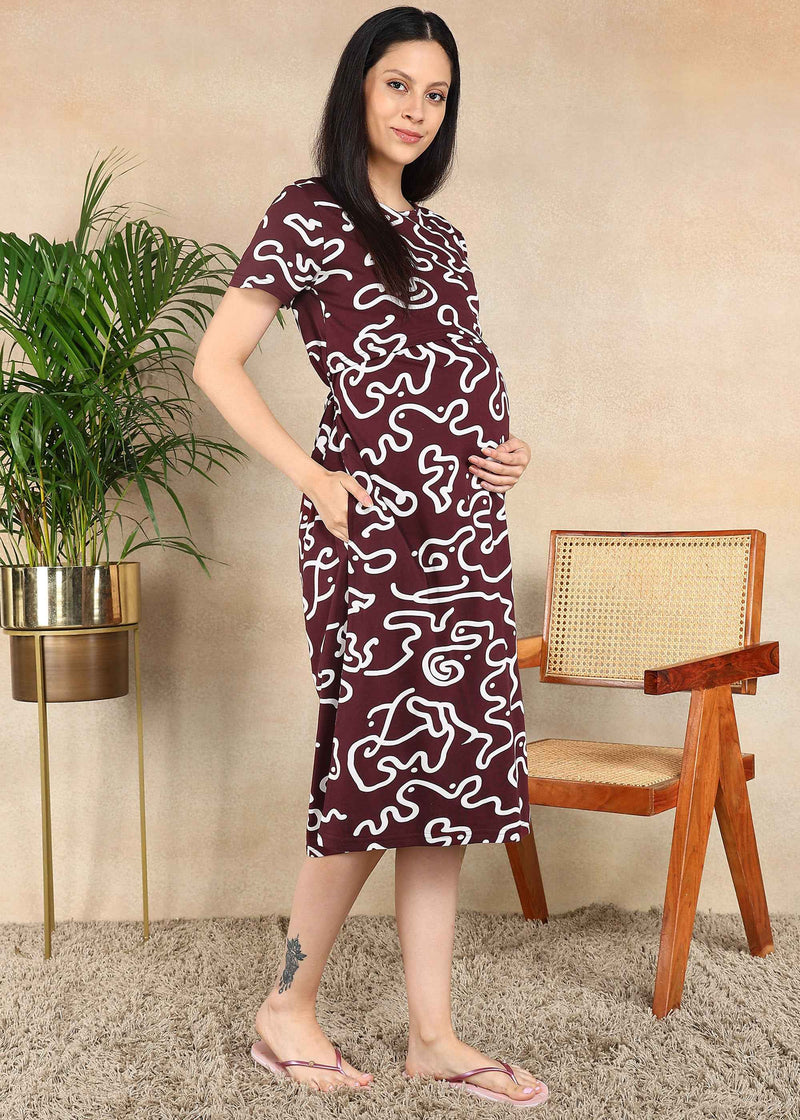 Wine Wave Cross-neck Maternity Loungewear Dress