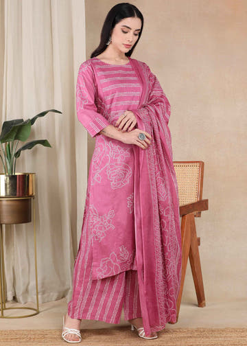 Pink Bandhani Pure Cotton Straight Feeding Kurta Set with Dupatta