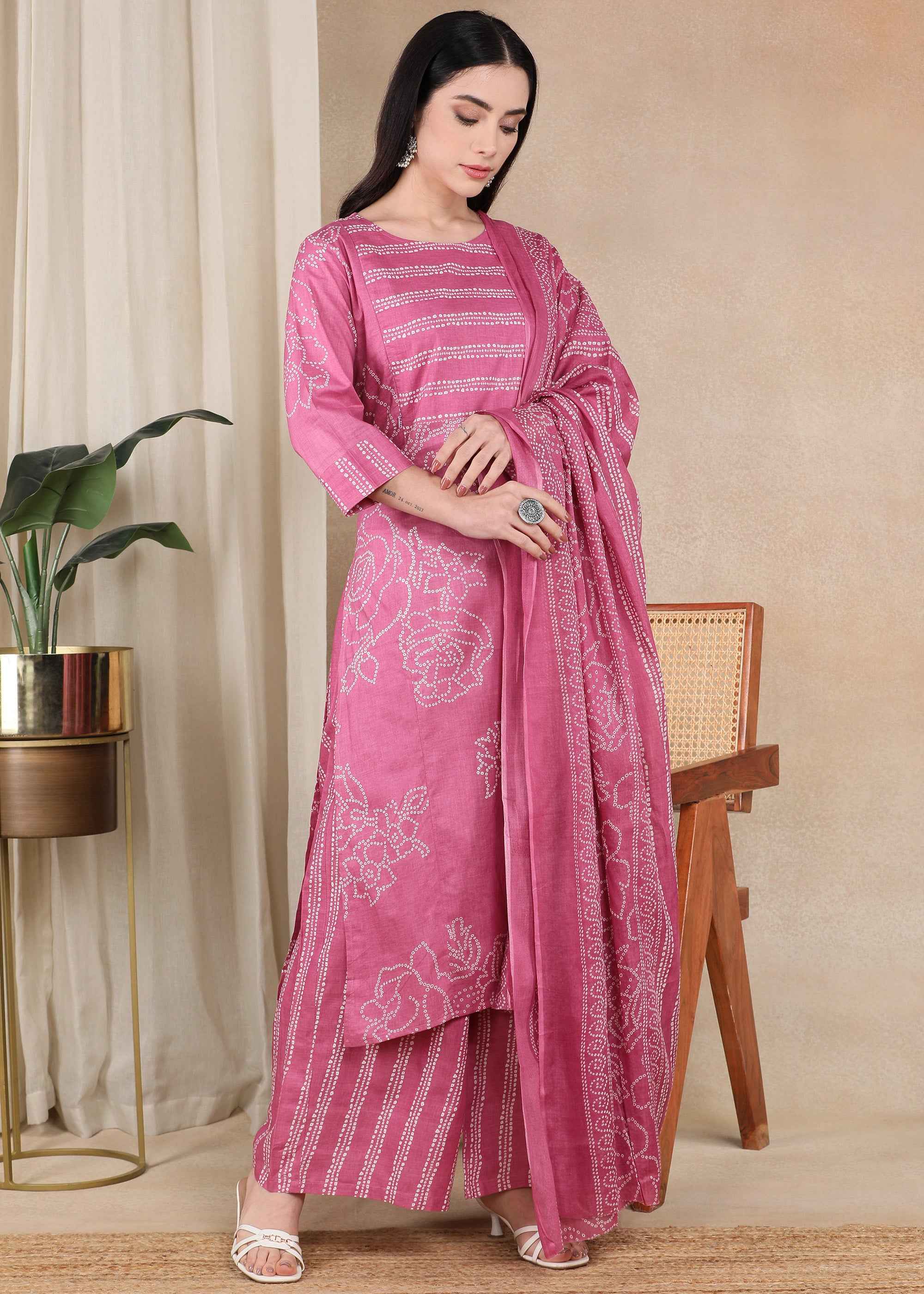 Pink Bandhani Pure Cotton Straight Feeding Kurta Set with Dupatta