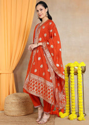 Rust Orange Festive Straight Feeding Kurta Set with Dupatta