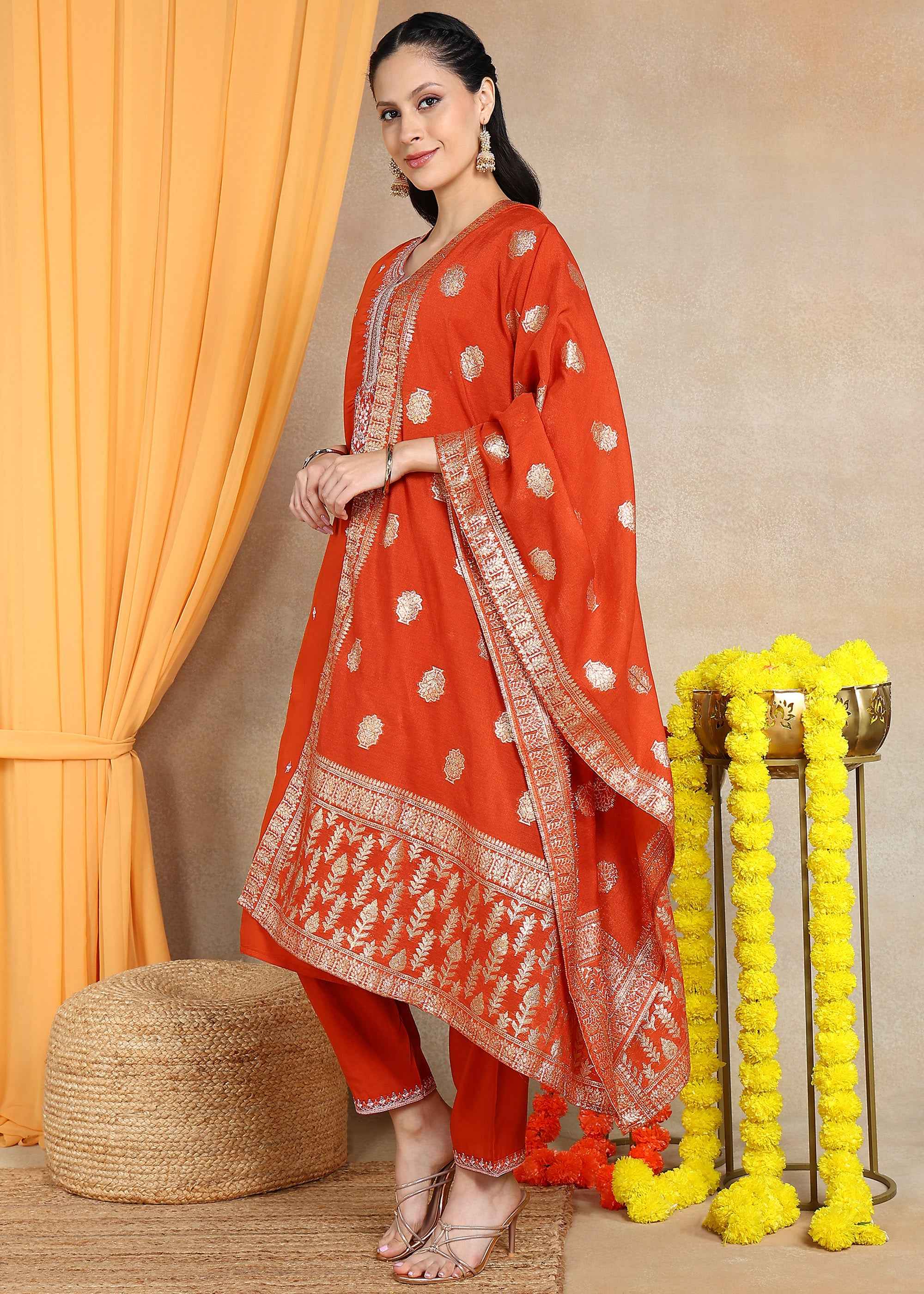 Rust Orange Festive Straight Feeding Kurta Set with Dupatta