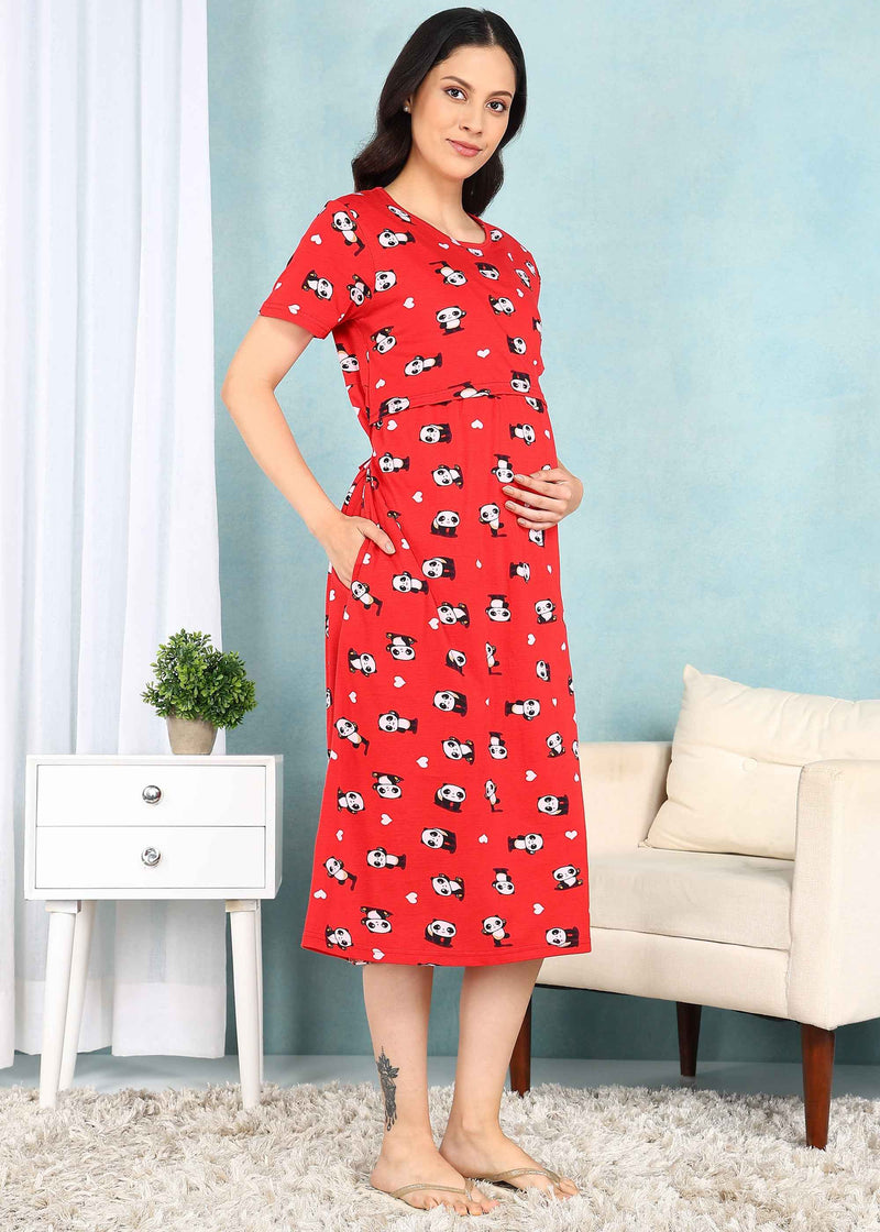 Panda Red Cross-neck Maternity Loungewear Dress