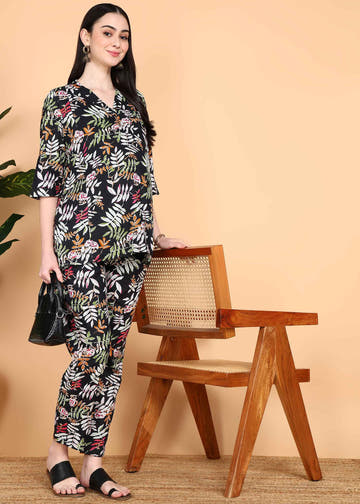 Black Floral Pure Cotton Maternity and Feeding Co-ord Set