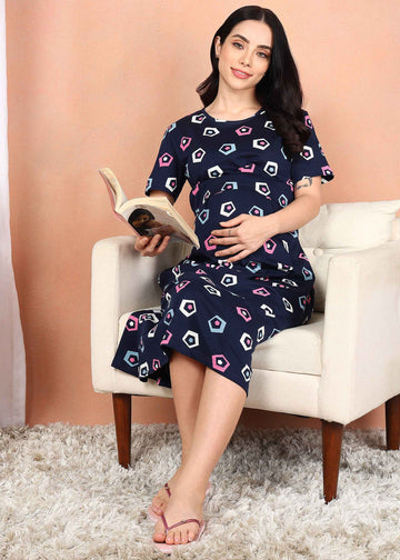 Navy Cross-neck Maternity Loungewear Dress