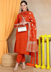 Rust Orange Festive Straight Feeding Kurta Set with Dupatta