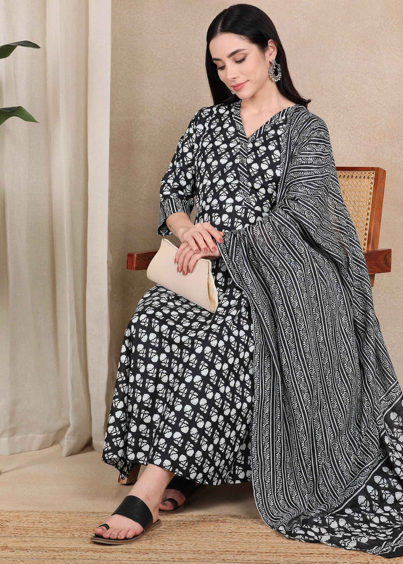 Black Pure Cotton Maternity and Feeding Kurta Set with Dupatta