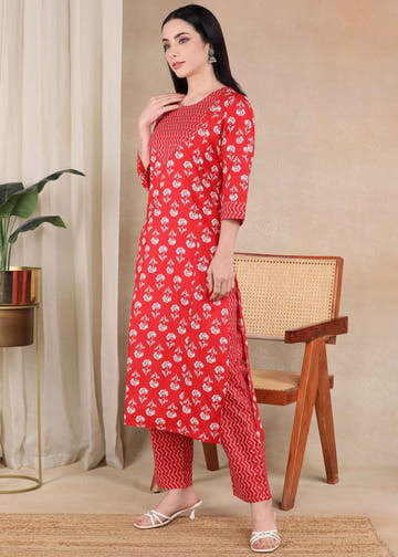 Red Pure Cotton Straight Feeding Kurta Set with Dupatta