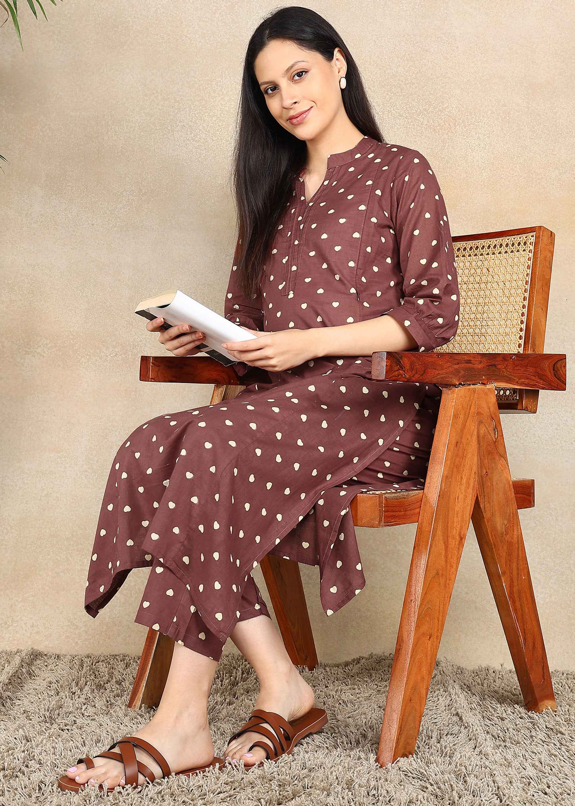 Small Hearts Brown Straight Feeding Kurta Set