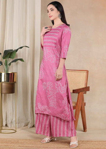 Pink Bandhani Pure Cotton Straight Feeding Kurta Set with Dupatta