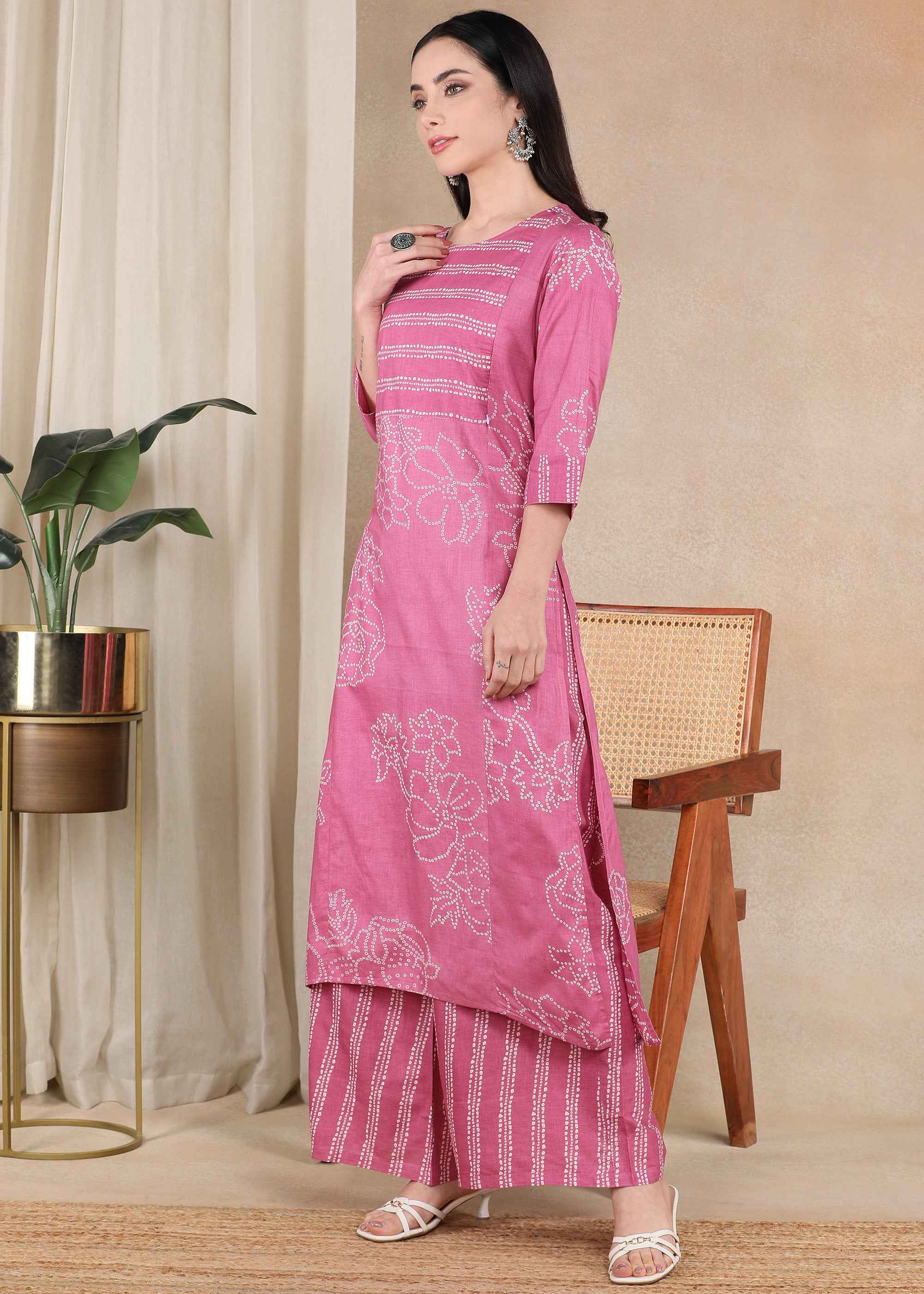 Pink Bandhani Pure Cotton Straight Feeding Kurta Set with Dupatta