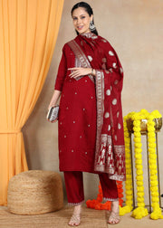 Marroon Festive Straight Feeding Kurta Set with Dupatta