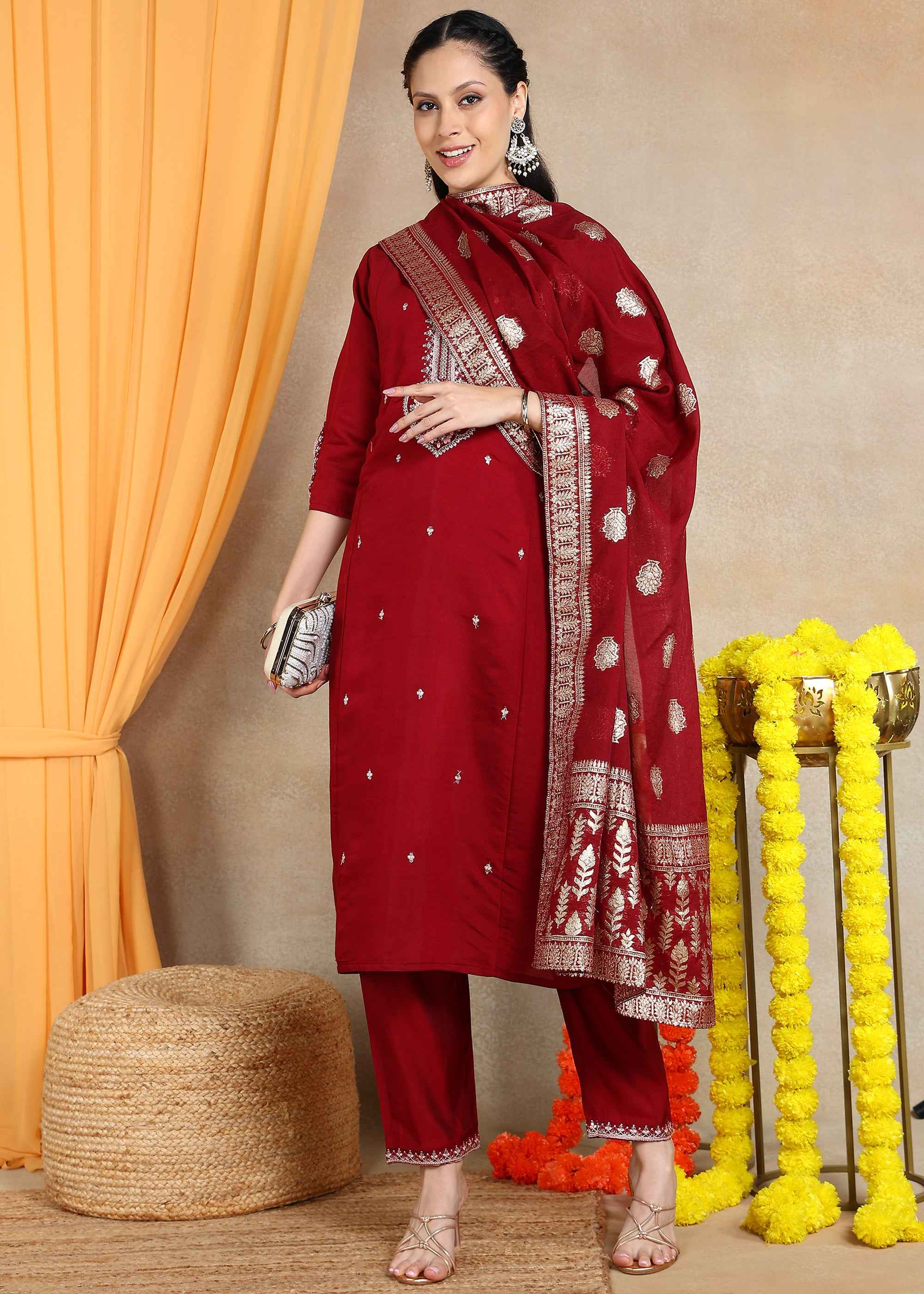 Marroon Festive Straight Feeding Kurta Set with Dupatta