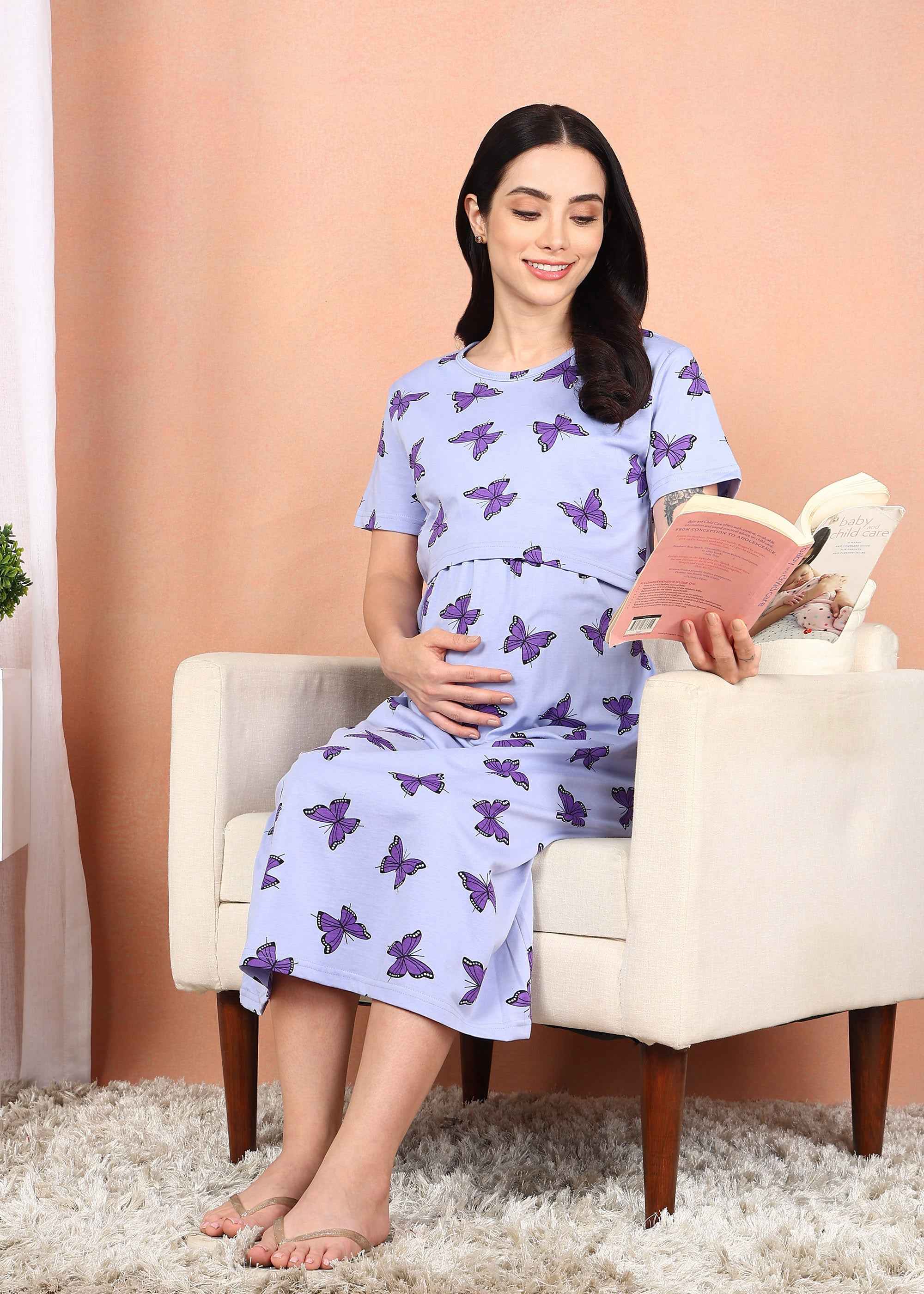 Purple Butterfly Cross-neck Maternity Loungewear Dress