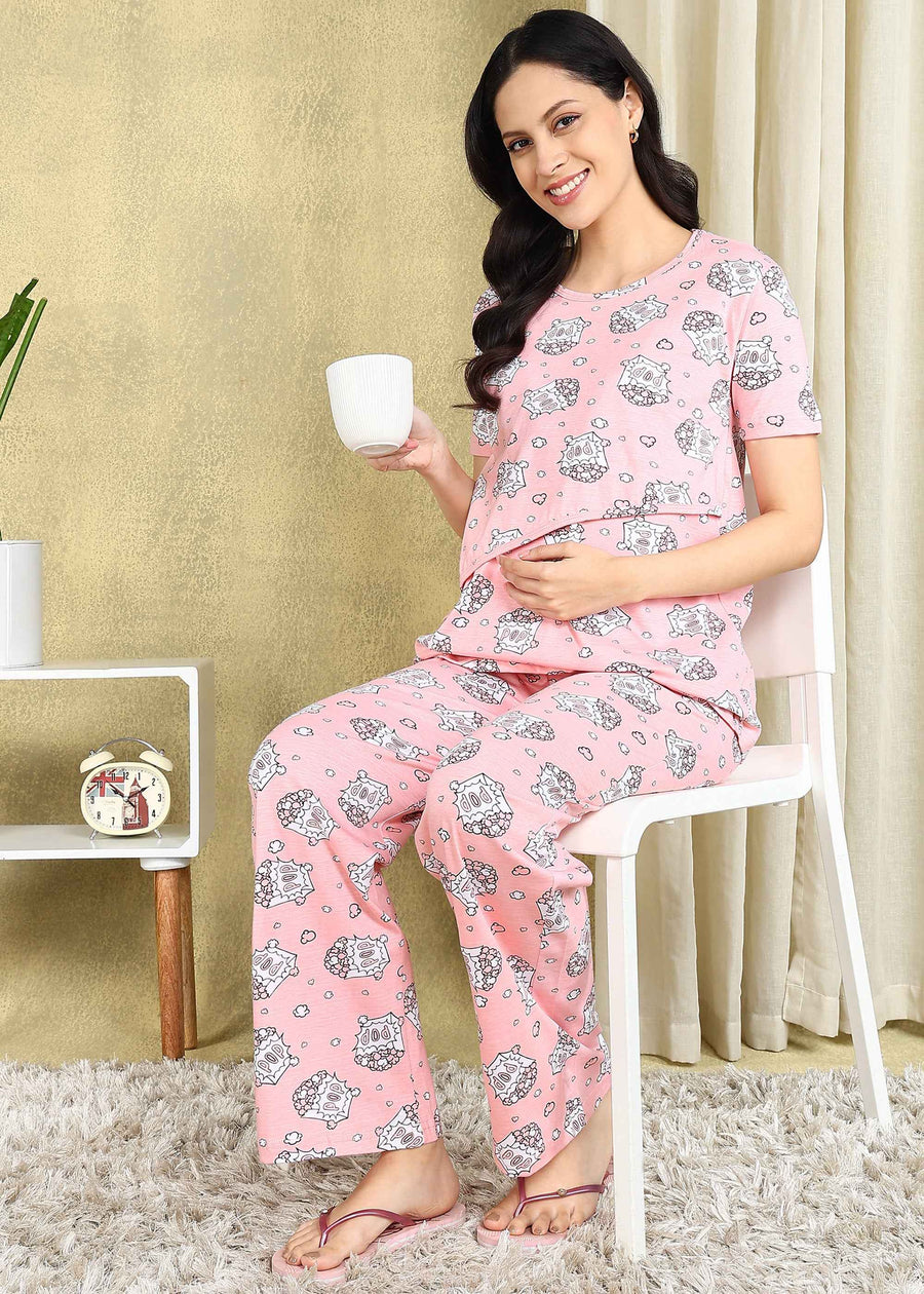 Popcorn Pink Maternity and Feeding Night Suit
