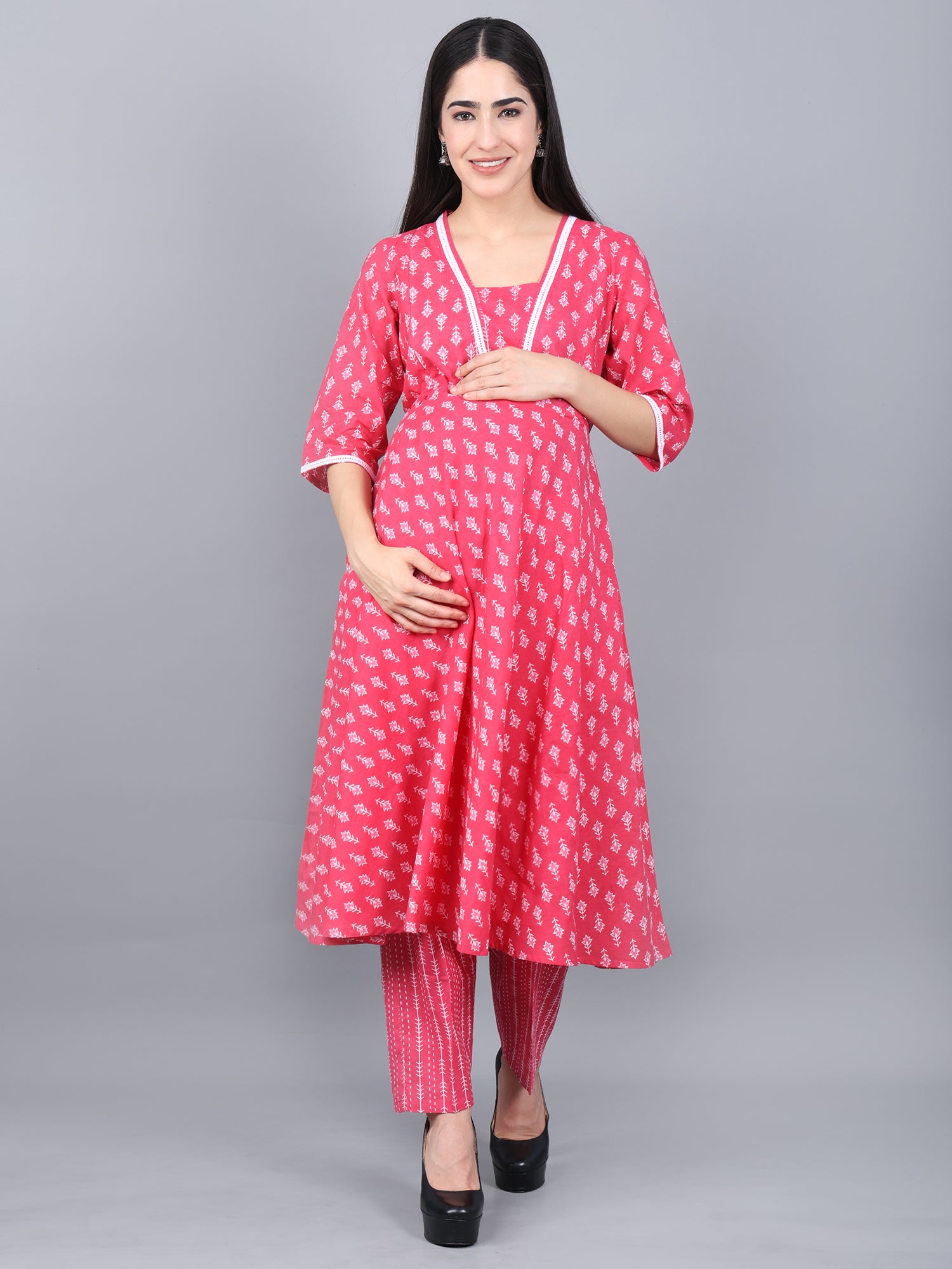 Pink Pure Cotton Maternity and Feeding Kurta Set With Dupatta