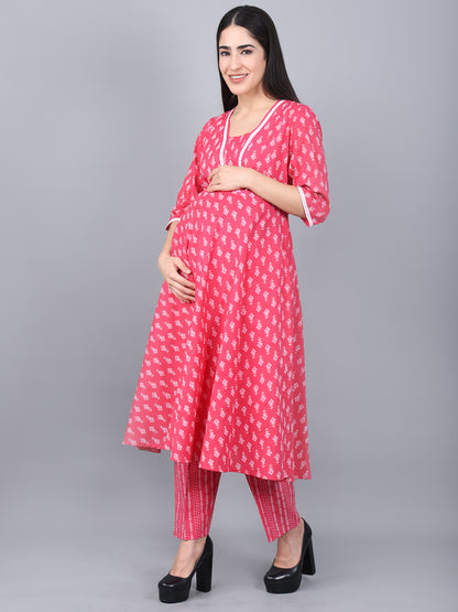 Maternity and Feeding Kurta Set With Dupatta | Pure Cotton |  Pink