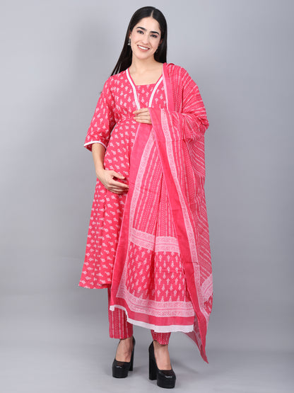 Maternity and Feeding Kurta Set With Dupatta | Pure Cotton |  Pink