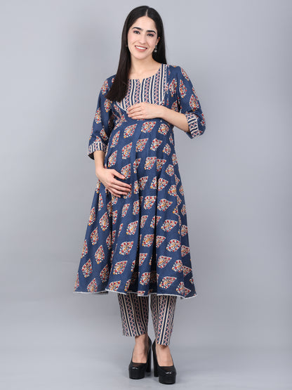 Maternity and Feeding Kurta Set With Dupatta | Pure Cotton |  Blue