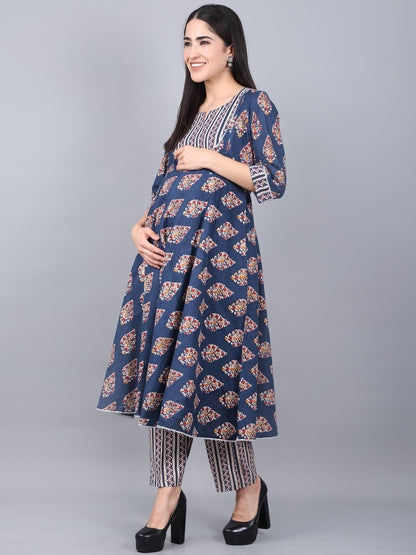 Maternity and Feeding Kurta Set With Dupatta | Pure Cotton |  Blue