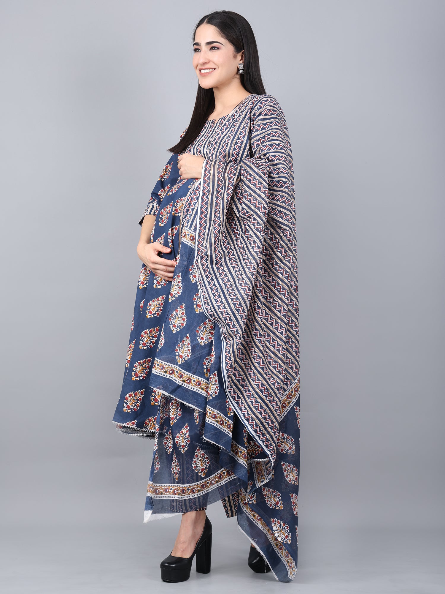 Blue Pure Cotton Maternity and Feeding Kurta Set With Dupatta
