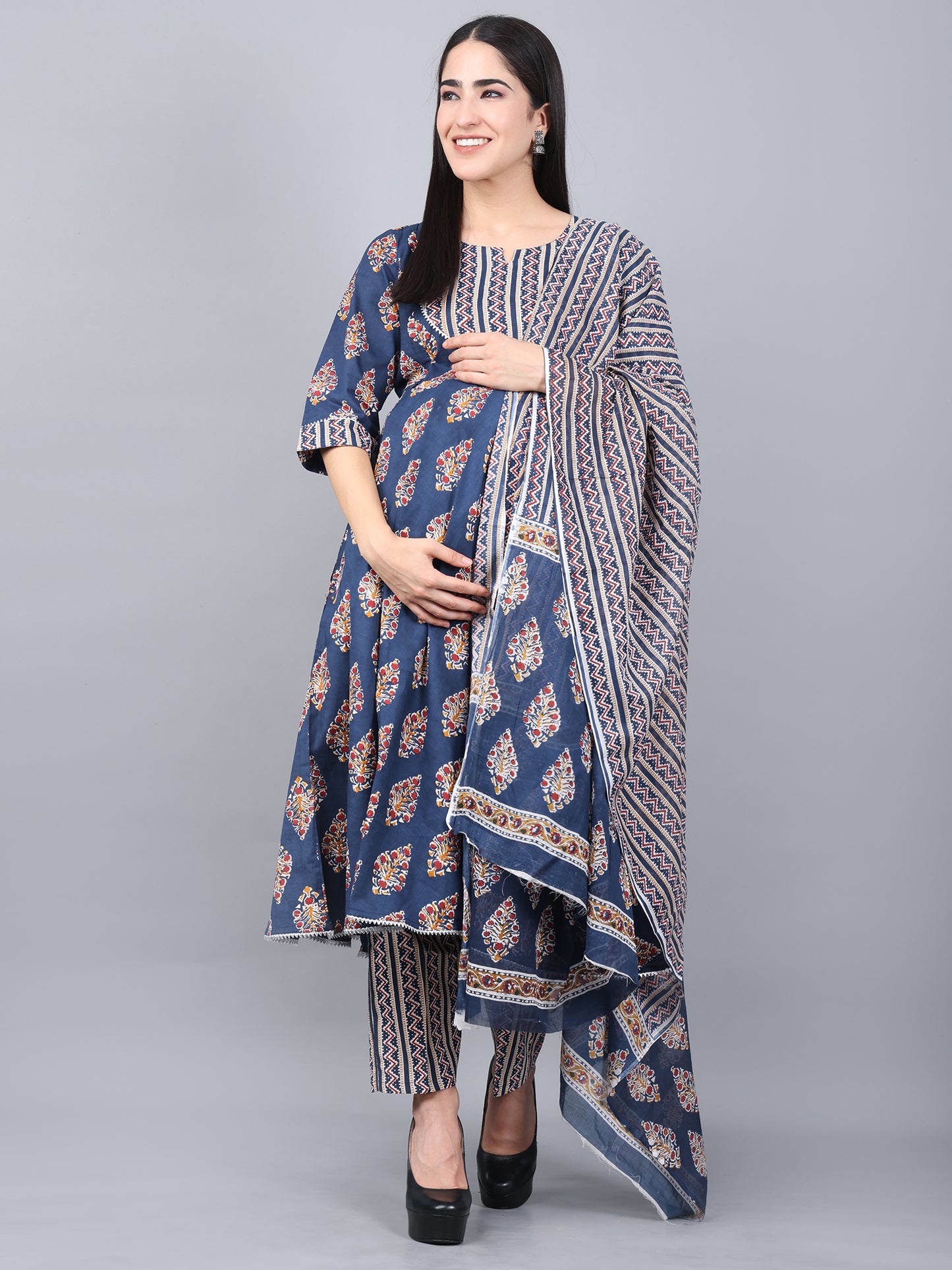 Maternity and Feeding Kurta Set With Dupatta | Pure Cotton |  Blue