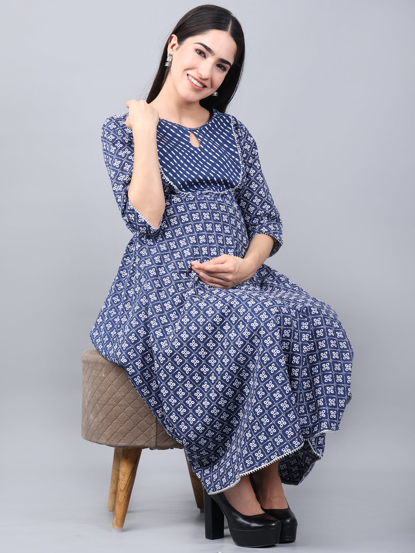 Maternity and Feeding Kurta Set | Pure Cotton |  Bandhani Print | Blue