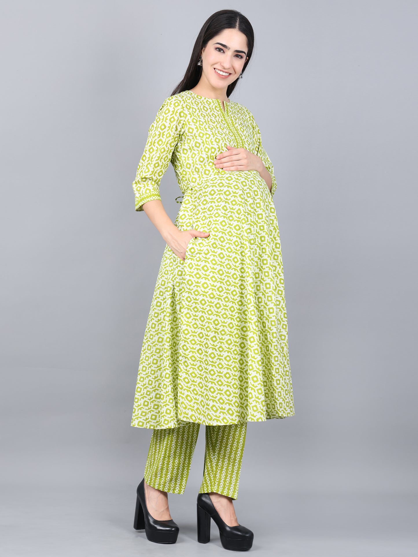 Maternity and Feeding Kurta Set | Pure Cotton | Green